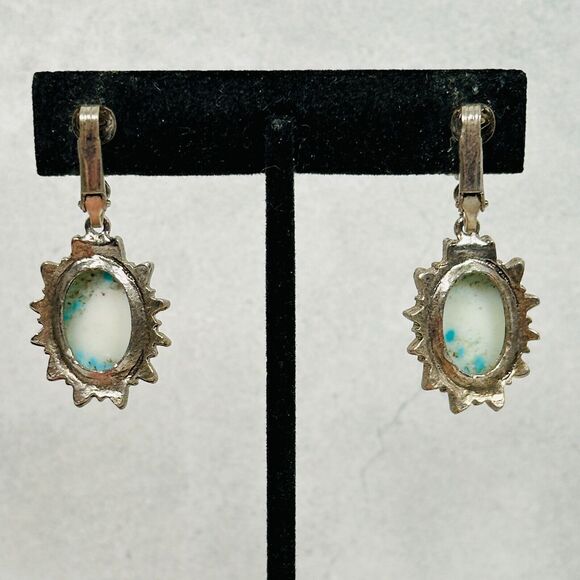 Womens Earrings Blue Stone Cabochon Silver Tone 1.75" Western Clip On Jewelry - Picture 8 of 11